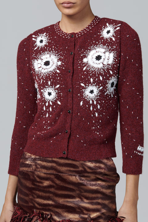 Burgundy Floral Beaded Wool Cardigan