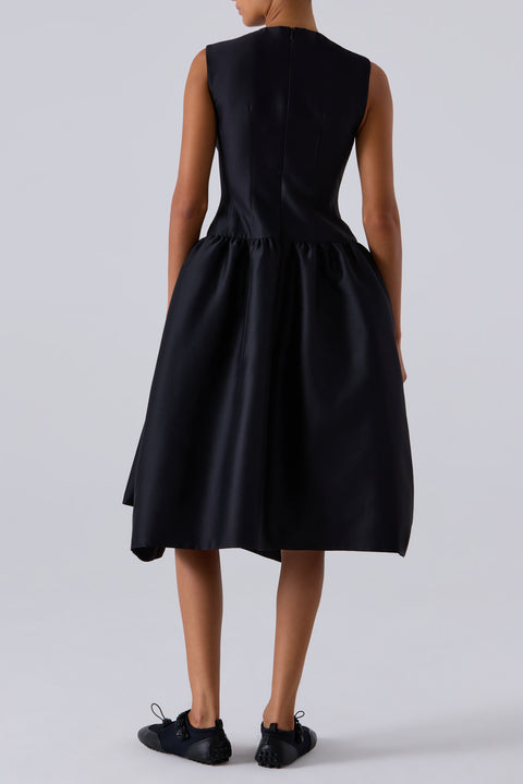 Black Smocked Panel Evening Dress