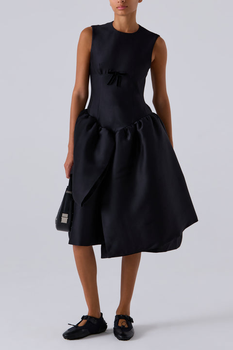 Black Smocked Panel Evening Dress