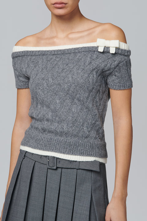 Grey Bow Off-Shoulder Knit Crop Top