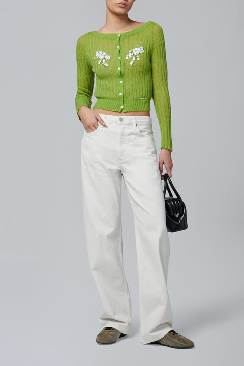 Green Beaded Floral Embellished Knit Cardigan