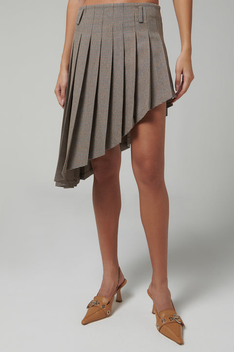 Beige Asymmetric Checked Midi Skirt