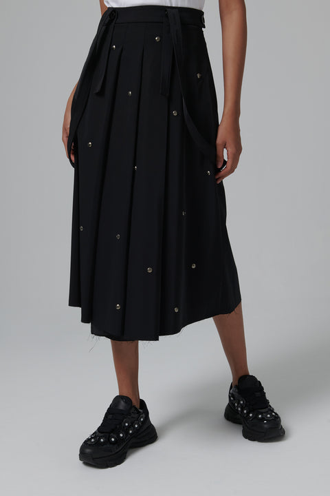 Black Metal Bead Pleated Skirt