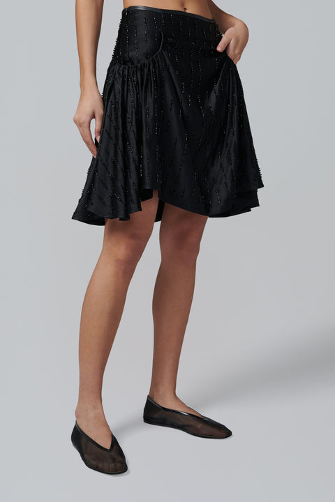 Black Beaded Leather Paneled Pleated Skirt