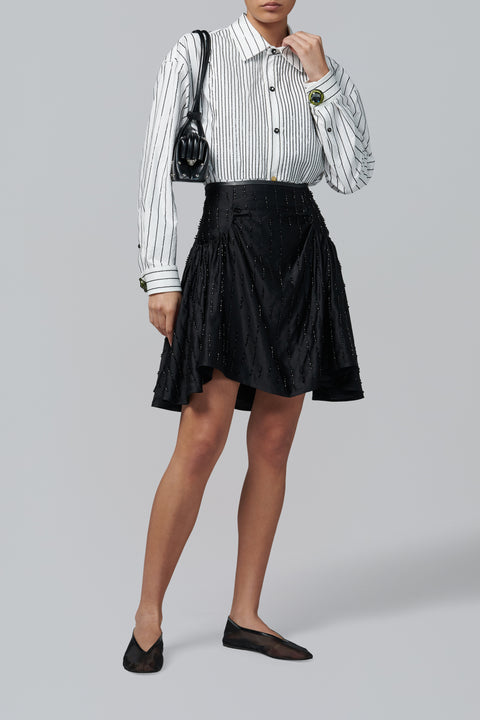 Black Beaded Leather Paneled Pleated Skirt
