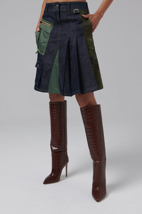 Blue Half Pleats Cargo Skirt