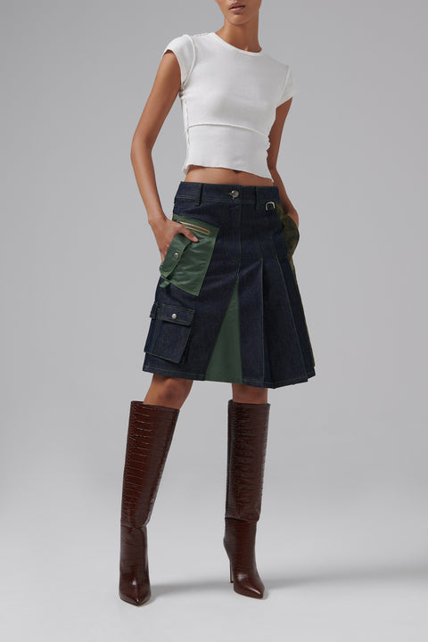 Blue Half Pleats Cargo Skirt