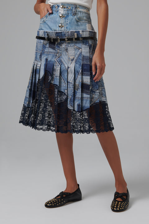 Blue Denim Print Midi Skirt