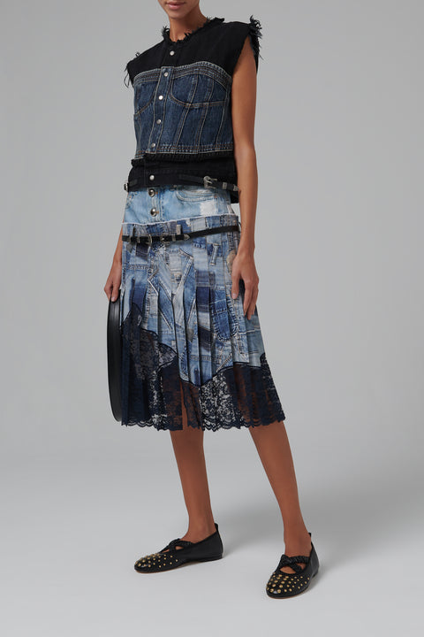 Blue Denim Print Midi Skirt