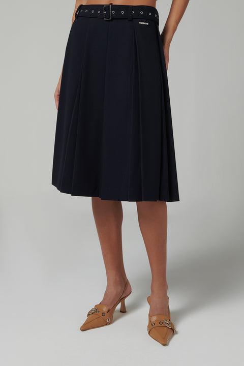 Navy Pleated Skirt With Eyelet Belt