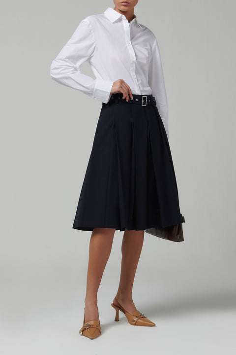 Navy Pleated Skirt With Eyelet Belt
