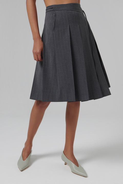 Grey Ribboned Pleats Skirt