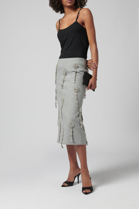 Grey Crystal Embellished Midi Skirt
