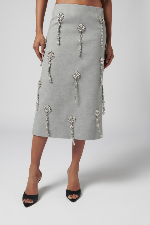 Grey Crystal Embellished Midi Skirt