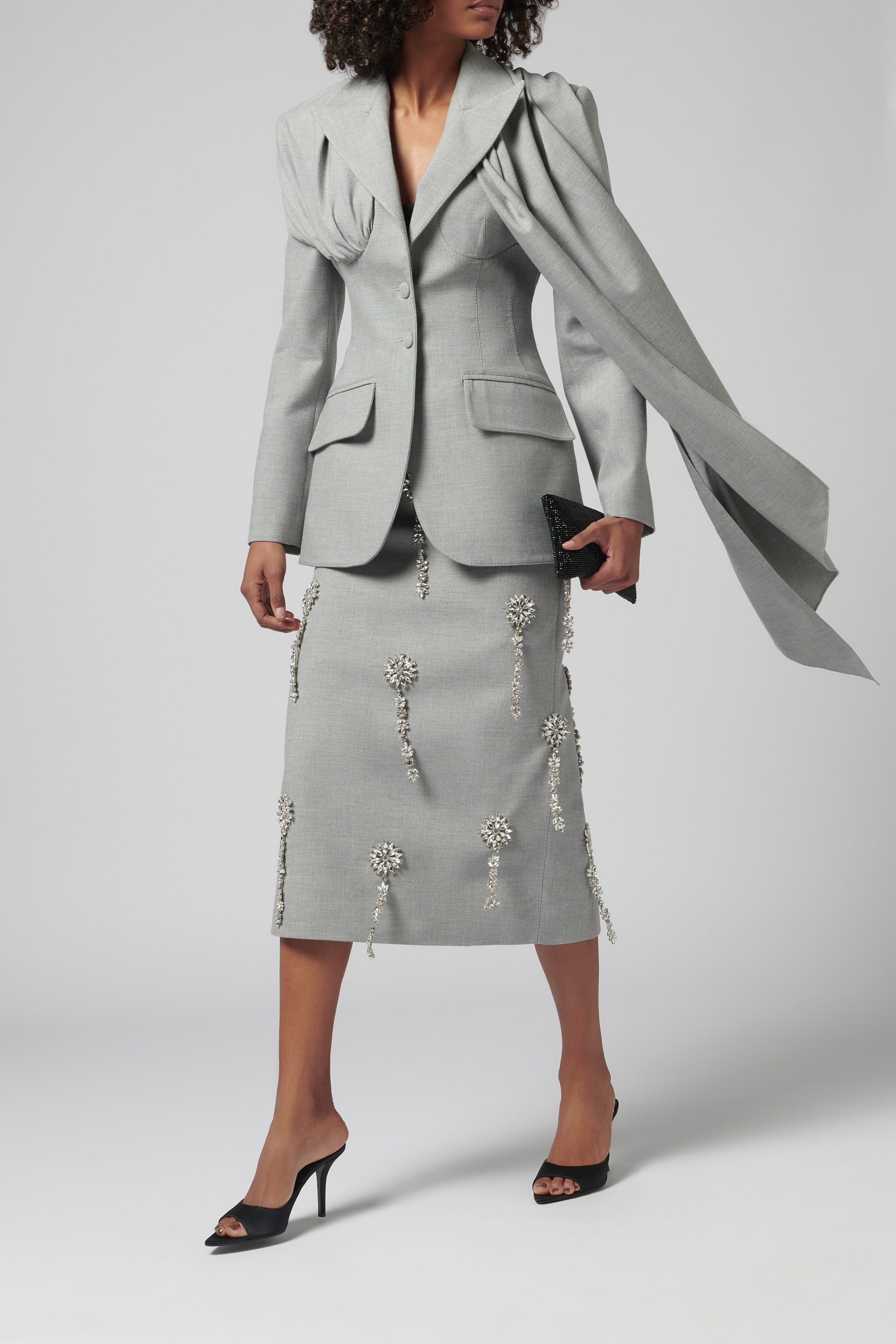 Aleksandre Akhalkatsishvili Grey Crystal Embellished Midi Skirt