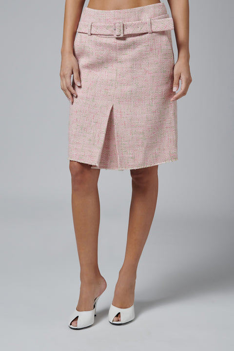 Pink Belted Pleated Straight Skirt