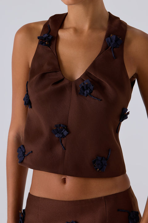 Brown Tucked Halter Neck Top