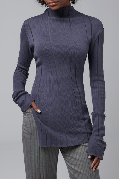 Grey Slit Long Sleeve Top