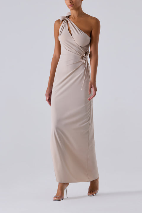 Beige Asymmetric Flower Maxi Dress