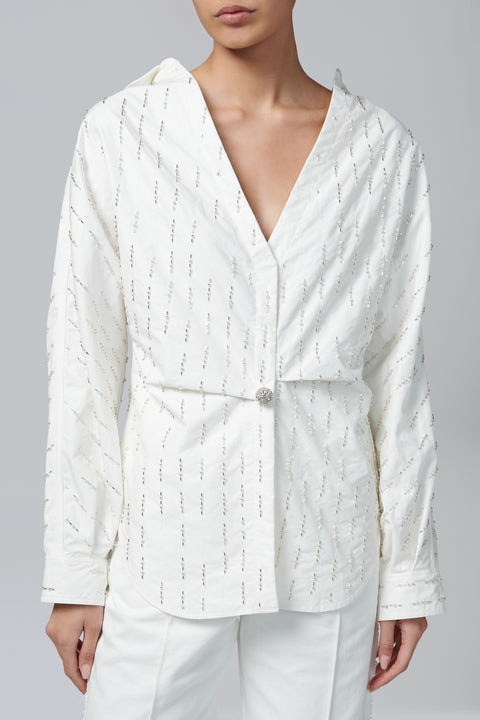 White Beaded Floral Button Shirt