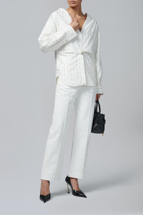 White Beaded Floral Button Shirt