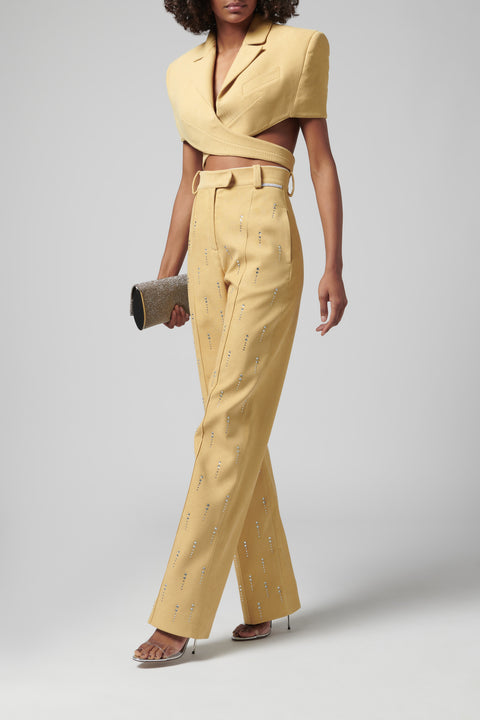 Yellow Crystal Embellished Pants