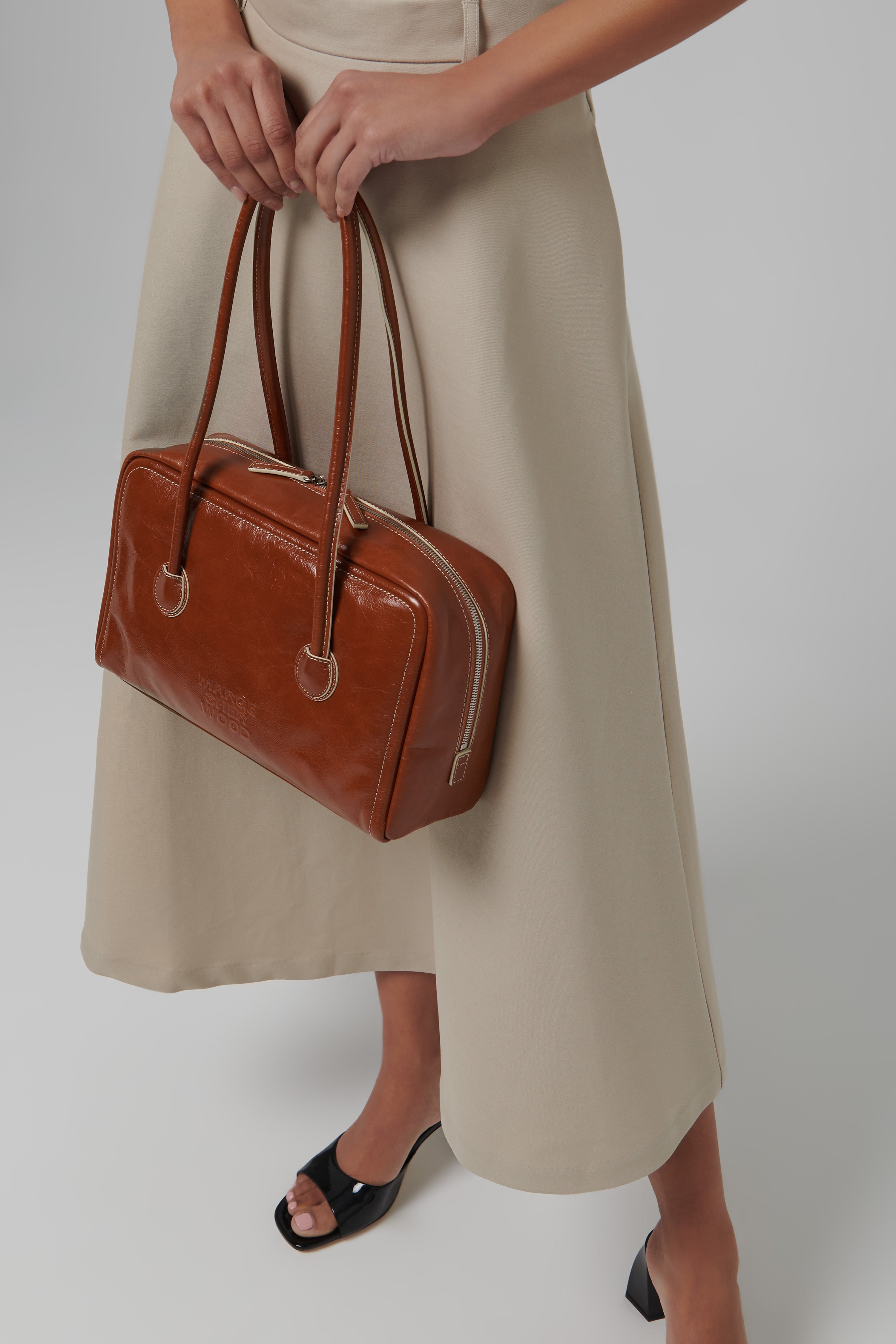 brown dress bag Brown Dress With Statement Handbag