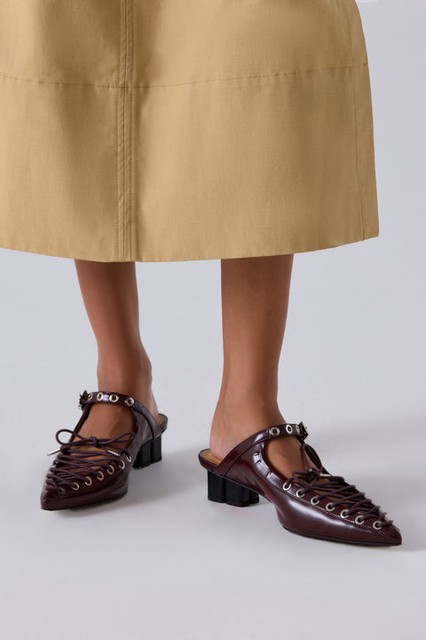 Brown Eyelets Lace Up Mule