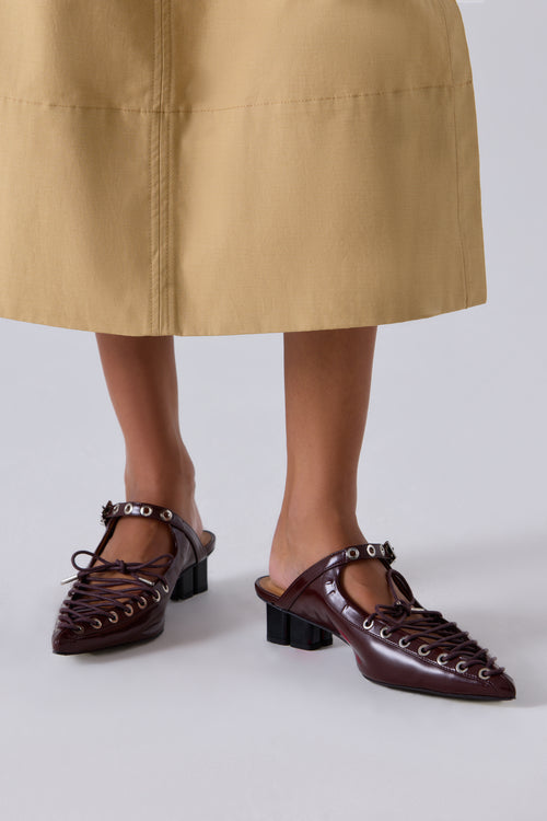 Ganni Brown Eyelets Lace Up Mule