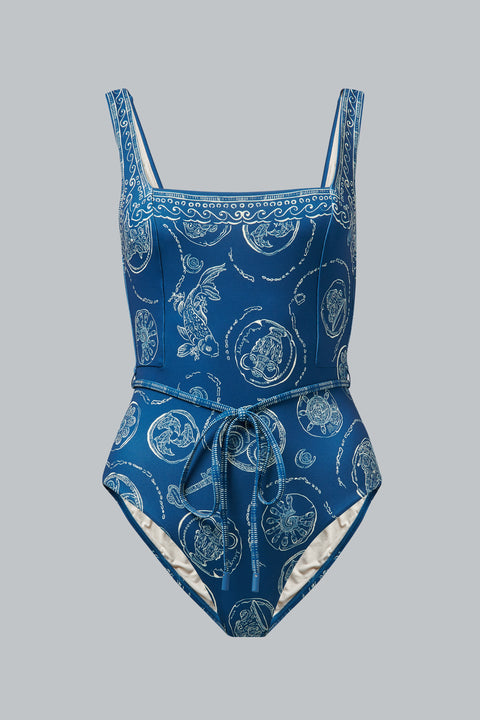 Blue Lucky Square Neck Swimsuit