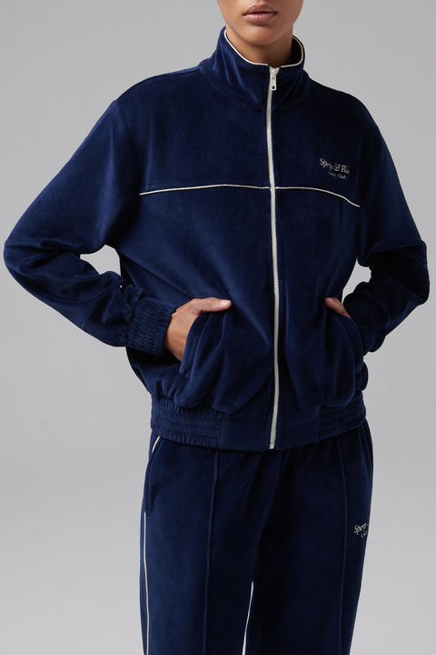 Sporty & Rich Blue Script Velour Track Jacket
