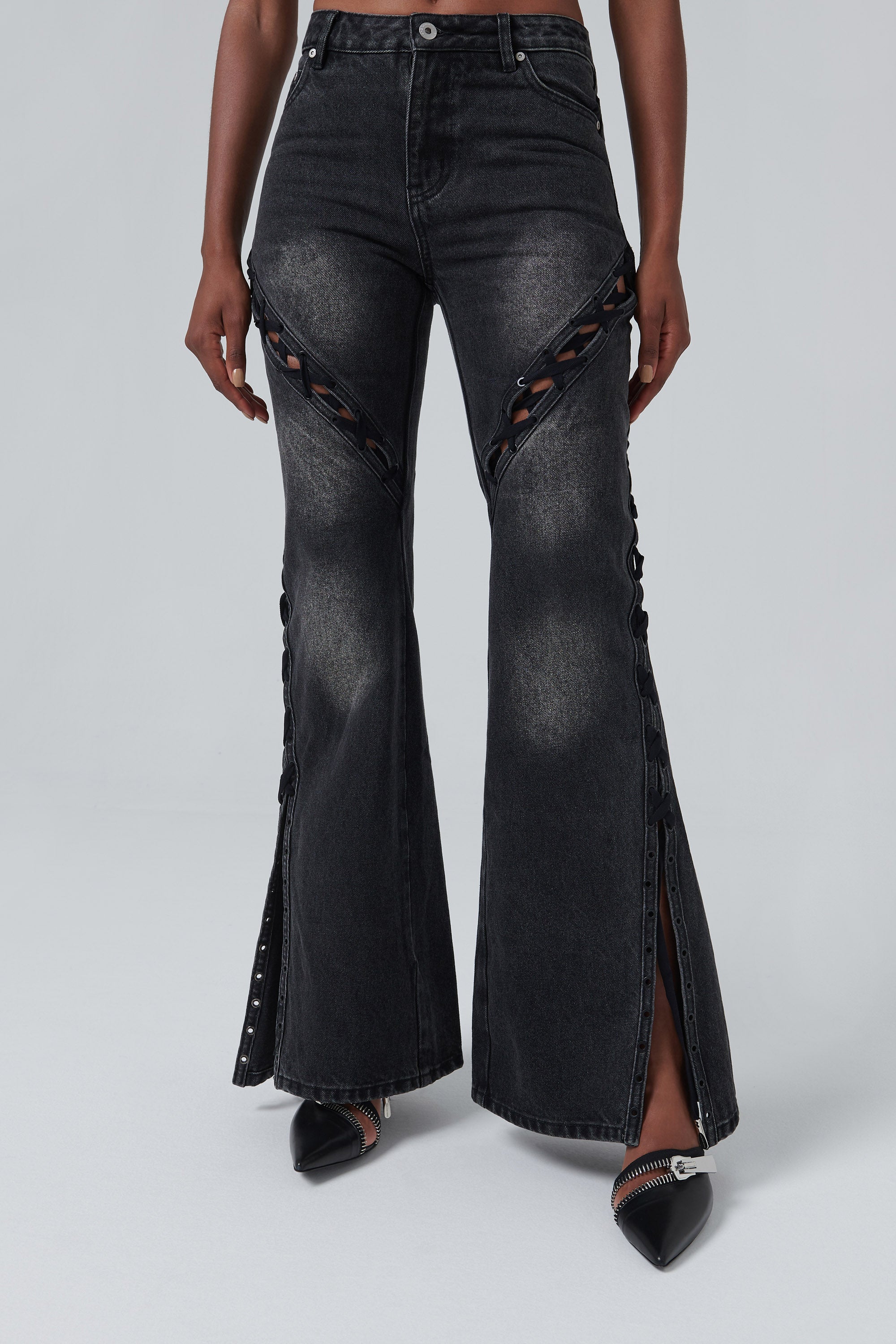 Black jeans with lace up sides best sale