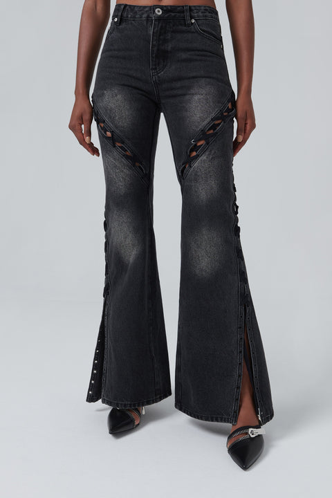 Black Deconstruction Lace-Up Jeans