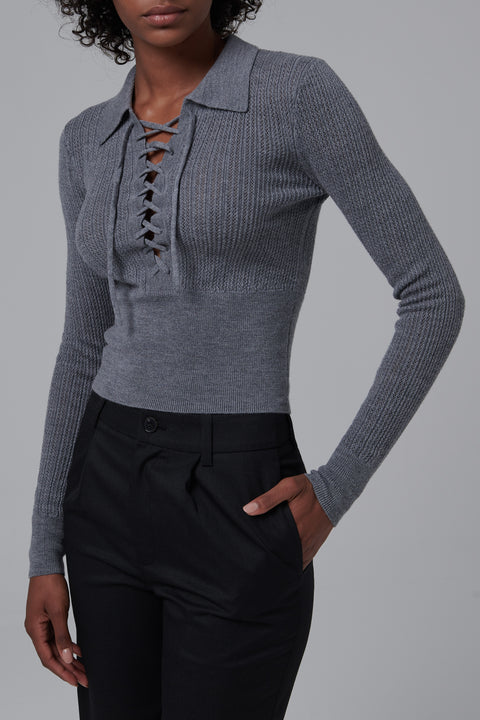 Grey Lace-up Knit Top