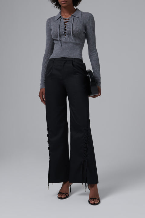 Grey Lace-up Knit Top