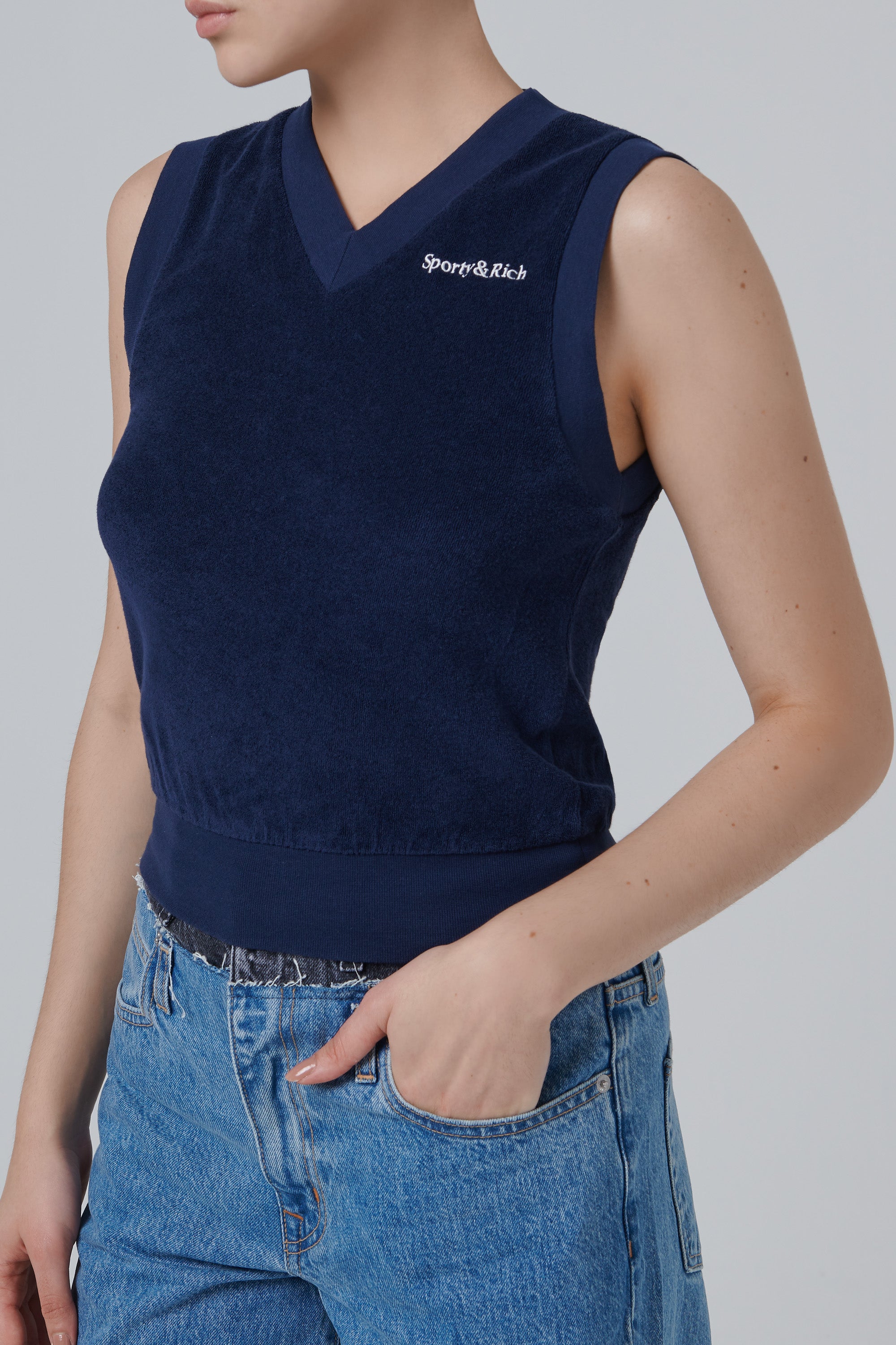 Sporty & Rich Blue Serif Logo Terry Vest - Fabric of Society