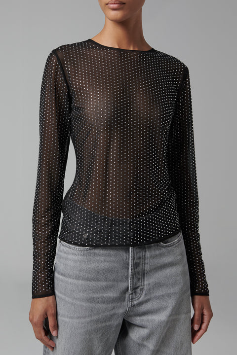 Black Rhinestone Mesh Long Sleeve Jersey