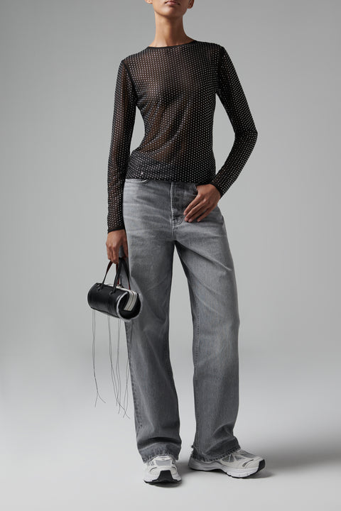 Black Rhinestone Mesh Long Sleeve Jersey