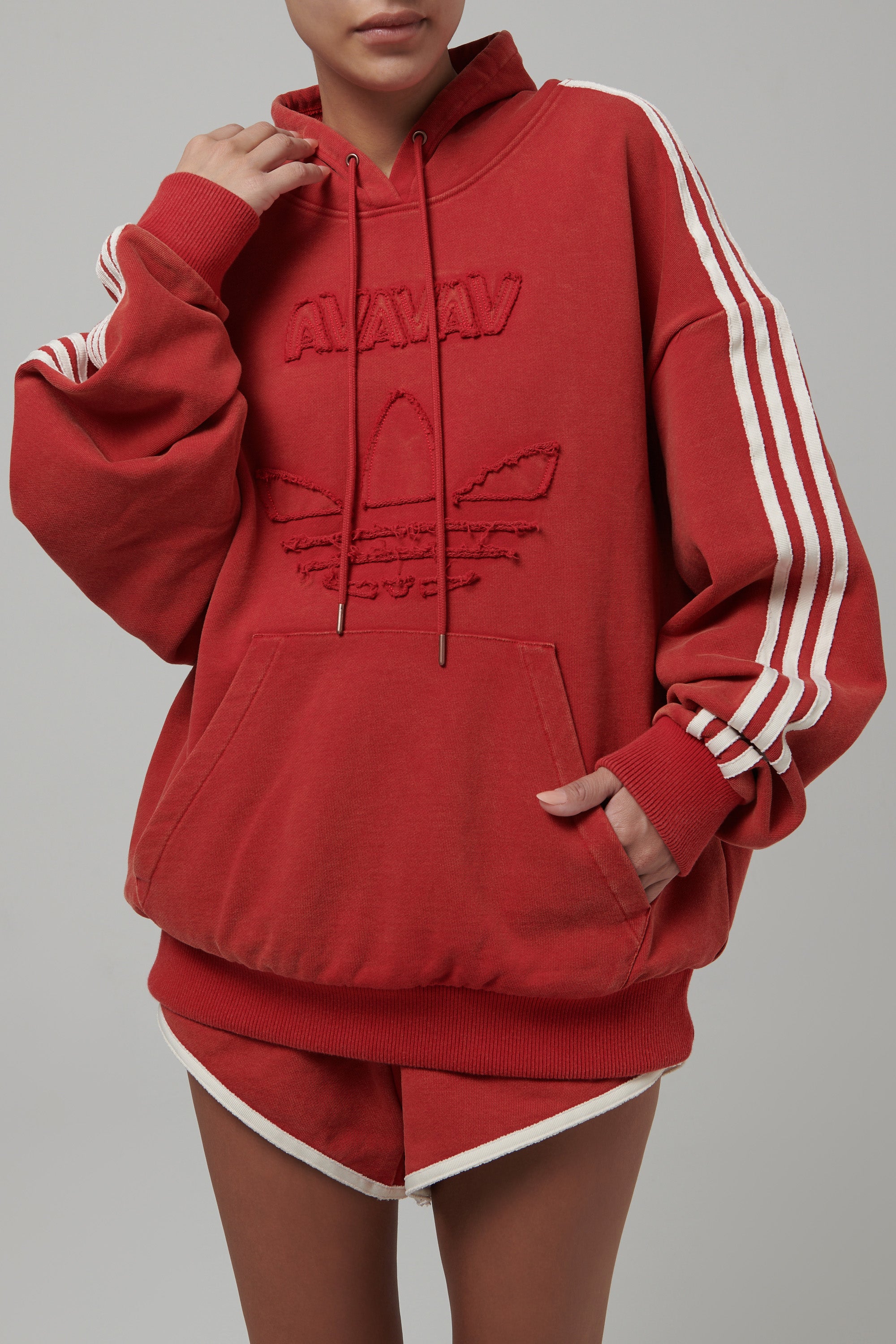 新品 adidas by Avavav SHOULDERLESS HOODIE Adidas Red Oversized Shoulderless Hoodie