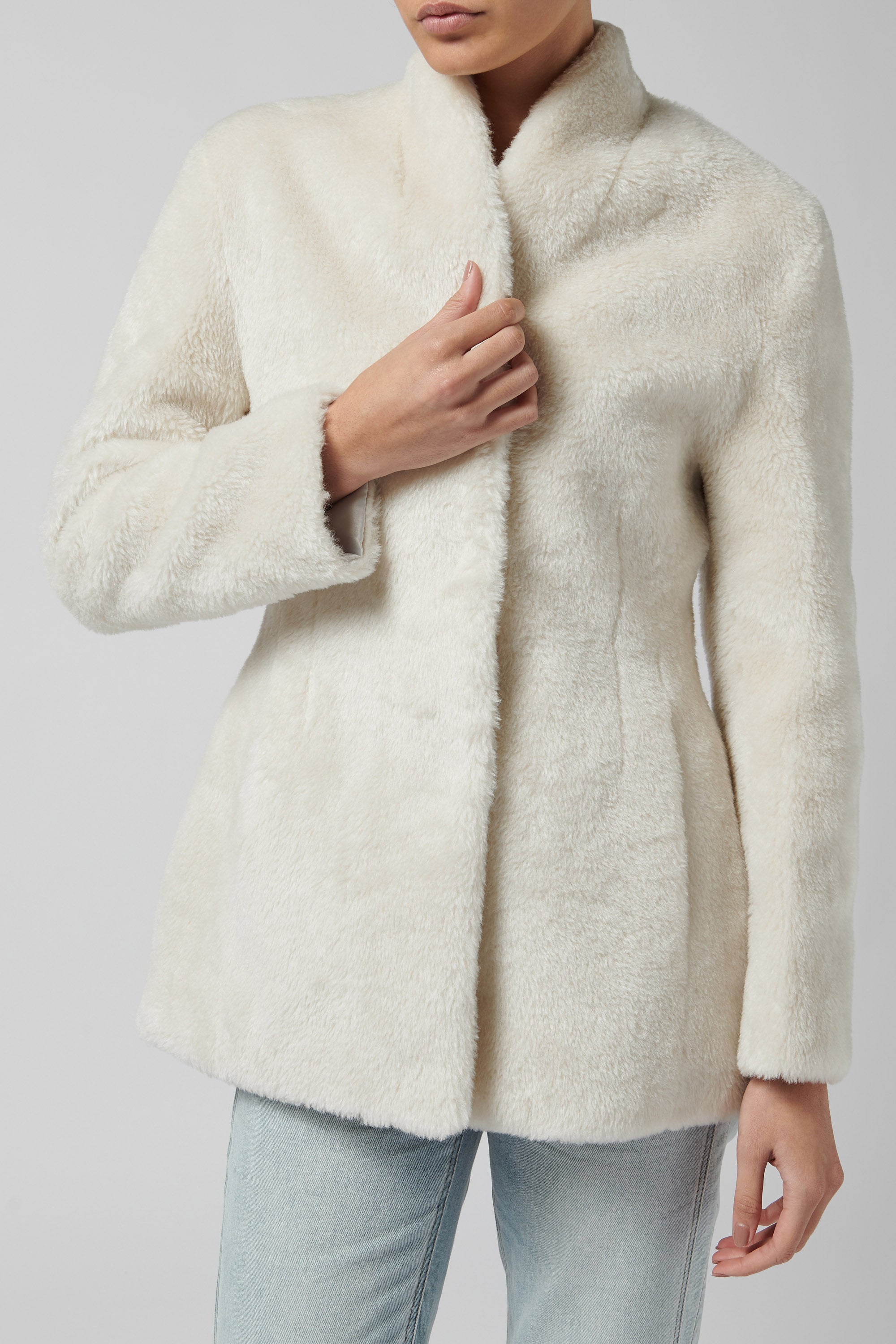 LVIR White Shearling Collarless Jacket