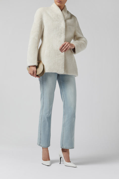White Shearling Collarless Jacket
