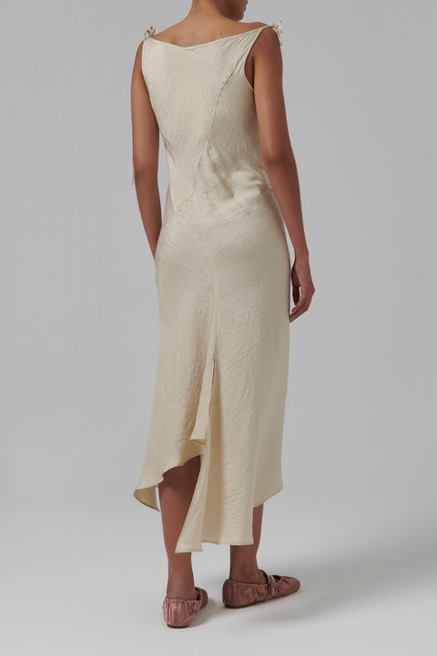 Beige Wrinkled Satin Bias-Cut Dress