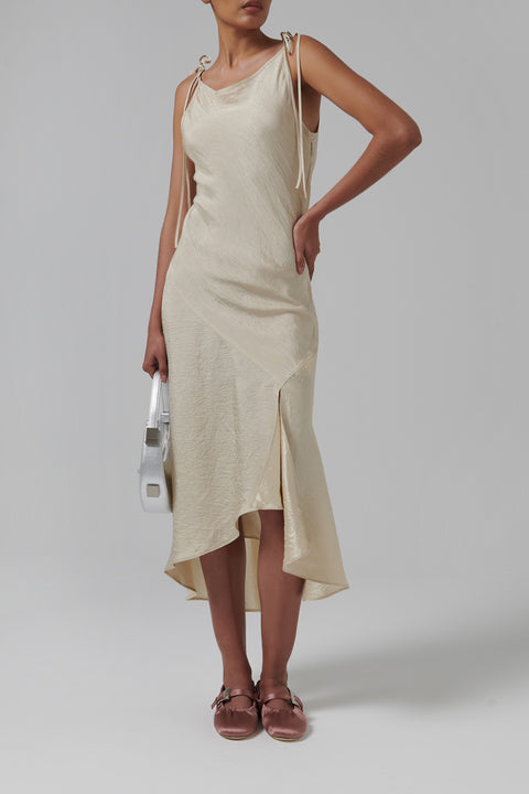 Beige Wrinkled Satin Bias-Cut Dress