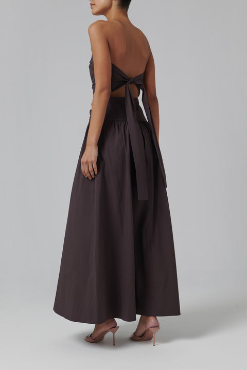 Brown Gathered Strapless Tie Back Dress