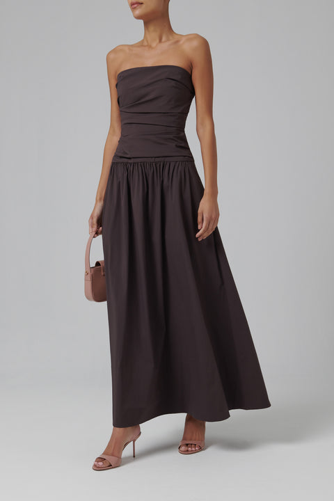 Brown Gathered Strapless Tie Back Dress
