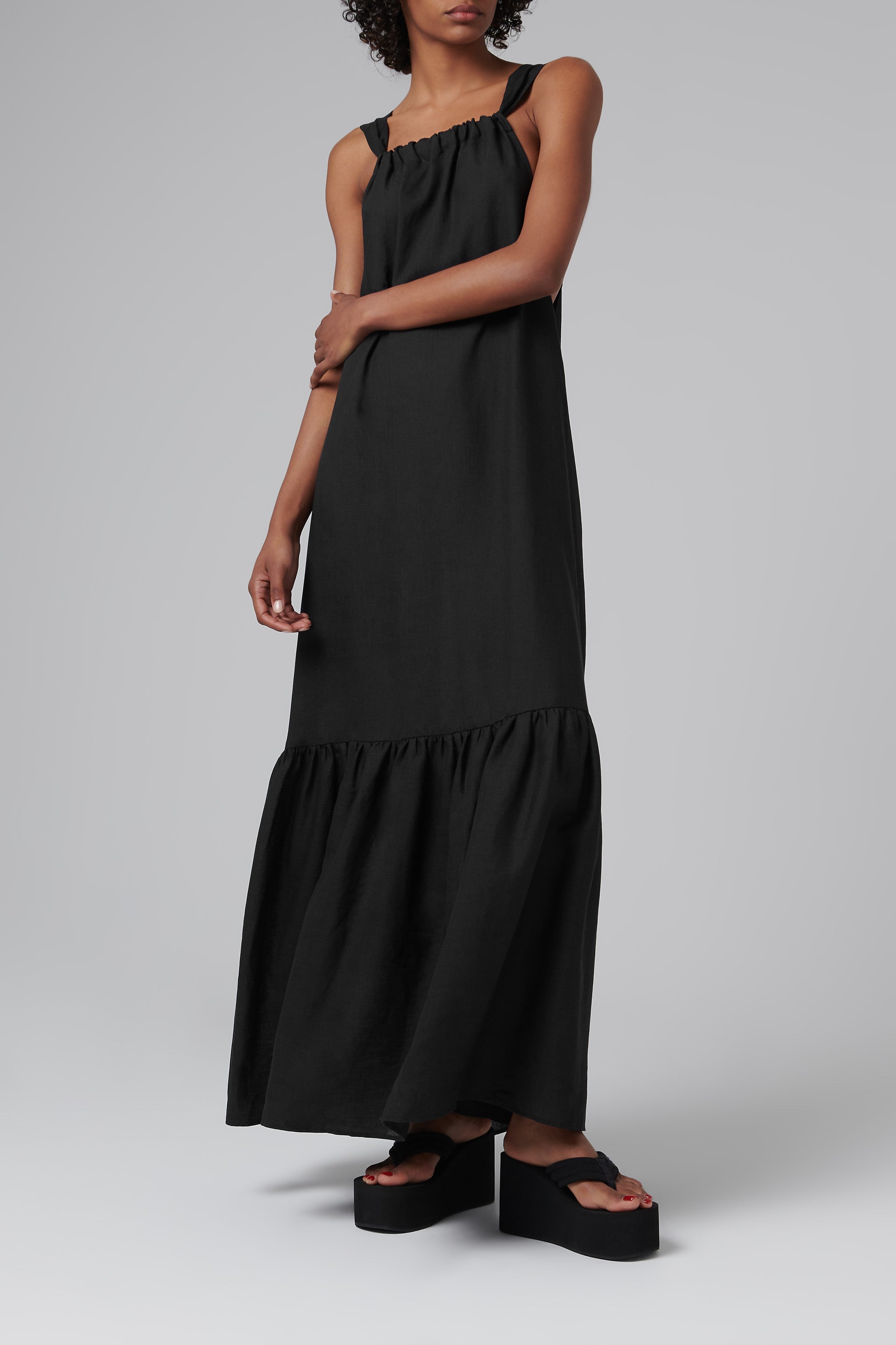 Asceno Black Ibiza Linen Midi Dress Fabric of Society