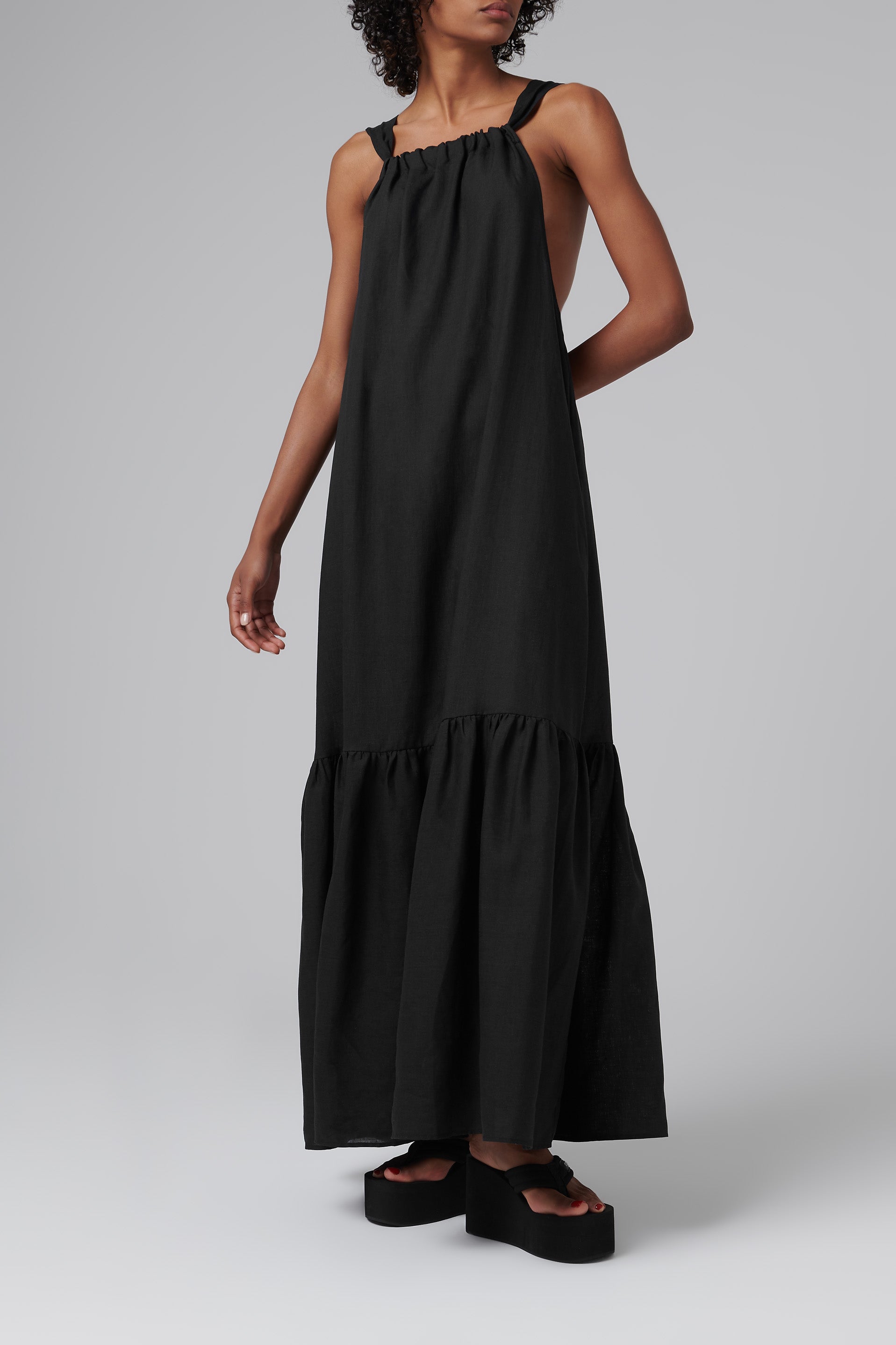 Ibiza Black Organic Linen Maxi Dress, L Ibiza Black Organic Linen Maxi Dress, L