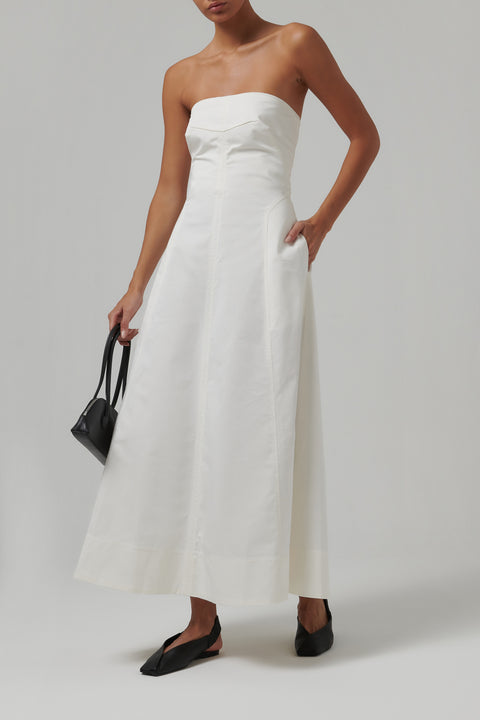 White Sculpted Cotton Strapless Dress