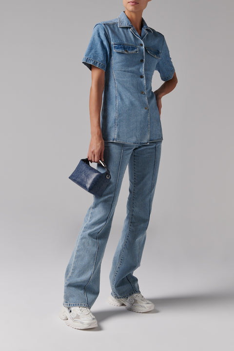 Blue Pintuck Flared Jeans