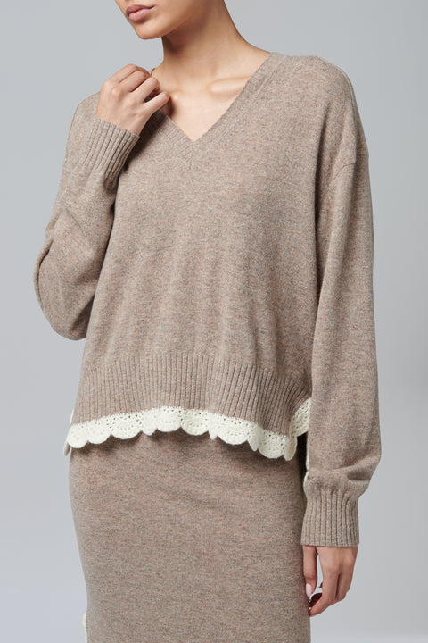 Beige Como Crochet V-Neck Sweater